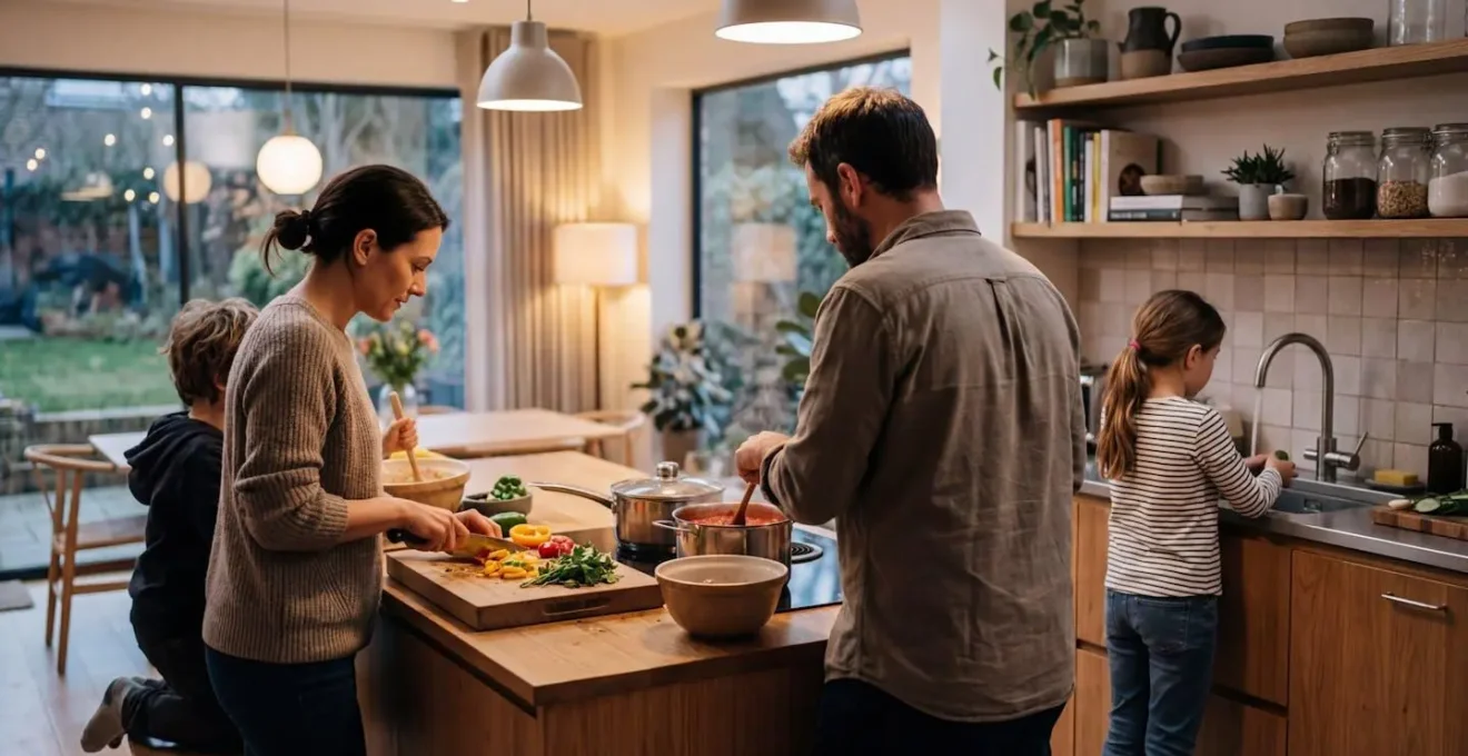 Une famille vue de dos prépare un repas dans une cuisine moderne aux tons chaleureux