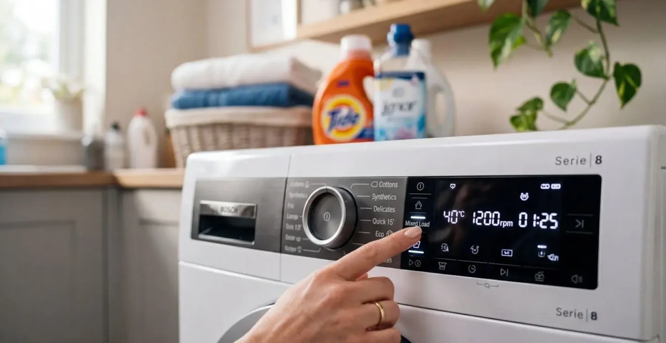 Un doigt sélectionne un programme sur le panneau de commande d'un lave-linge moderne