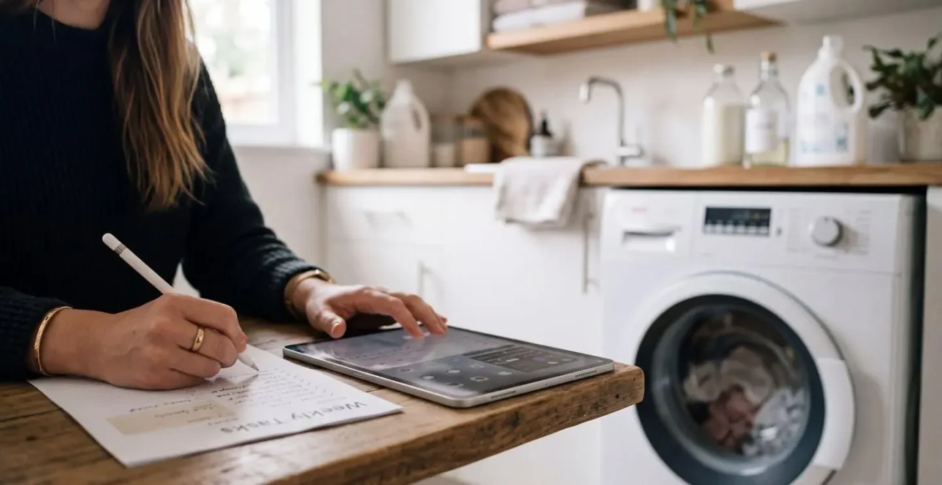 Des mains manipulent une tablette près d'un lave-linge dans une buanderie lumineuse