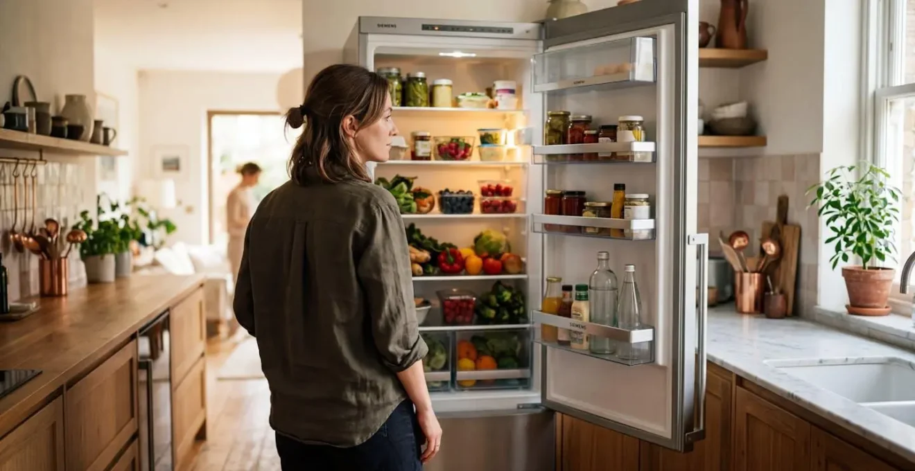 Une personne de profil observe l'intérieur d'un réfrigérateur ouvert dans une cuisine lumineuse aux tons clairs