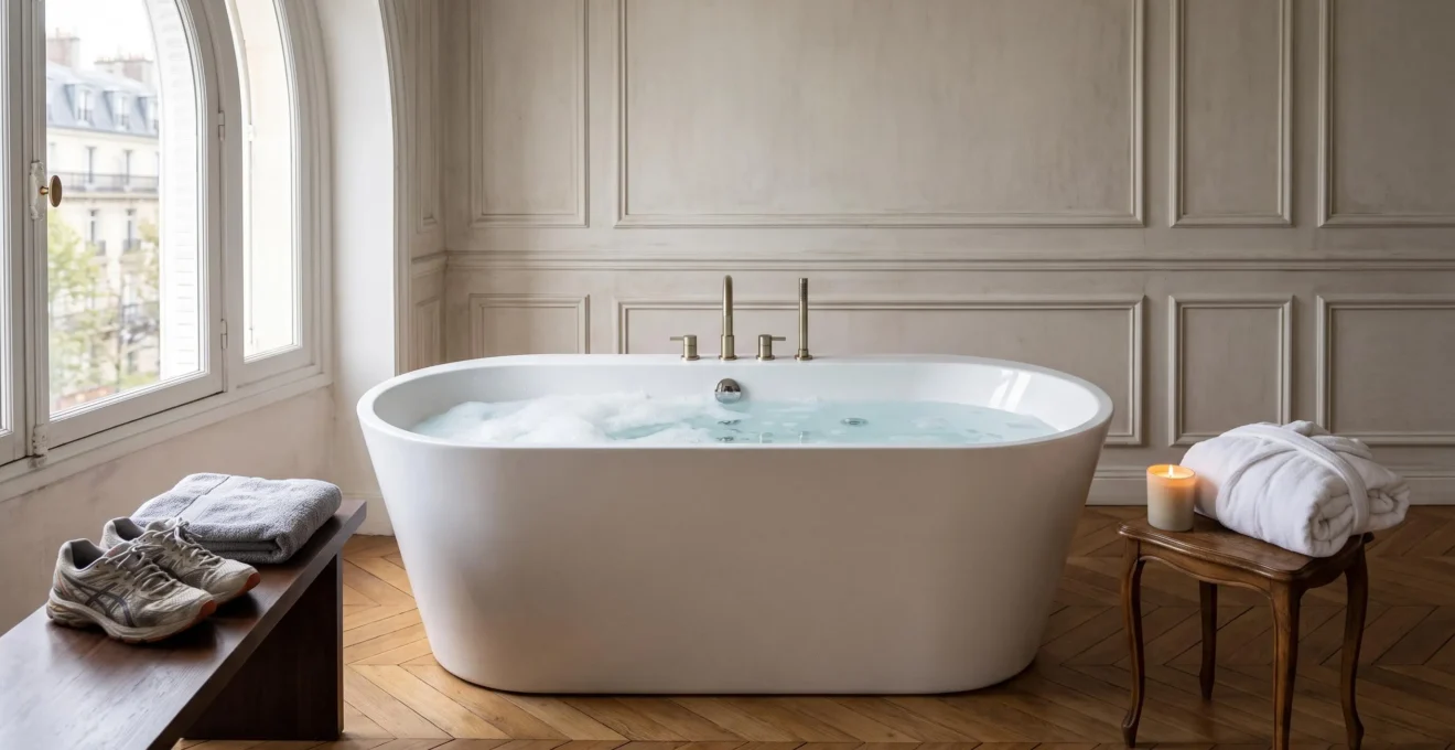 Baignoire balnéo dans une salle de bain élégante à la française, symbolisant le choix entre bien-être et récupération sportive