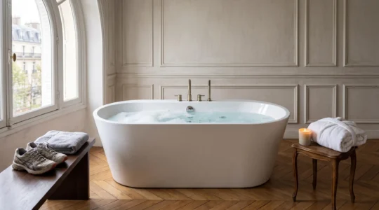 Baignoire balnéo dans une salle de bain élégante à la française, symbolisant le choix entre bien-être et récupération sportive
