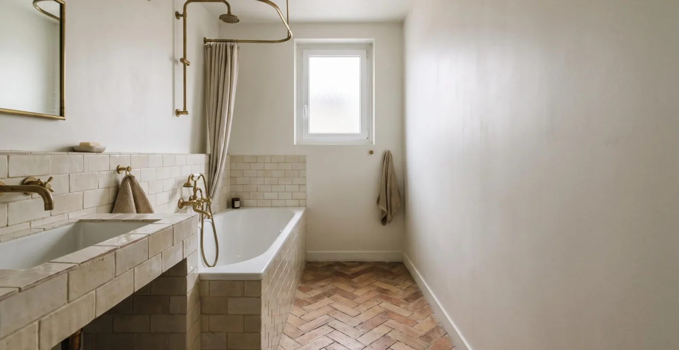 Salle de bain compacte à la française avec baignoire encastrée sur mesure optimisant chaque mètre carré