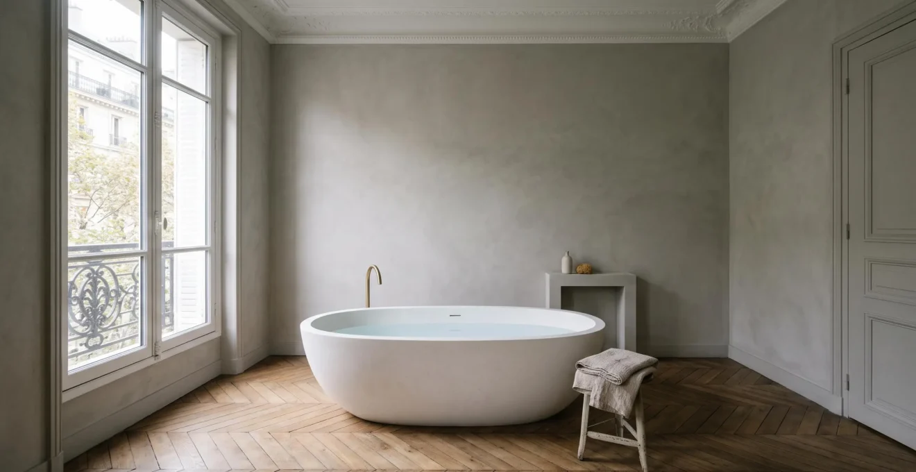 Salle de bain de 14 m² avec baignoire îlot centrale et espaces de circulation dégagés dans un appartement français