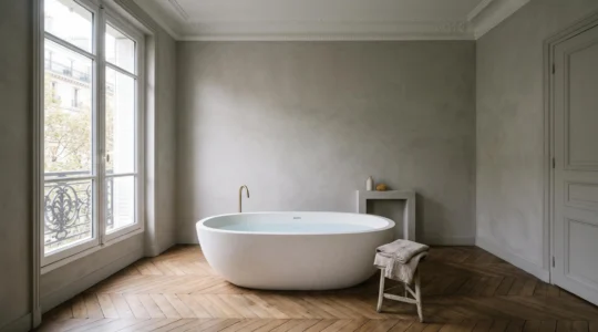Salle de bain de 14 m² avec baignoire îlot centrale et espaces de circulation dégagés dans un appartement français