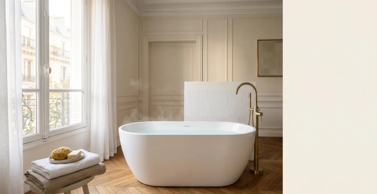 Baignoire ilot design placee en piece maitresse d'une salle de bain epuree de style haussmannien