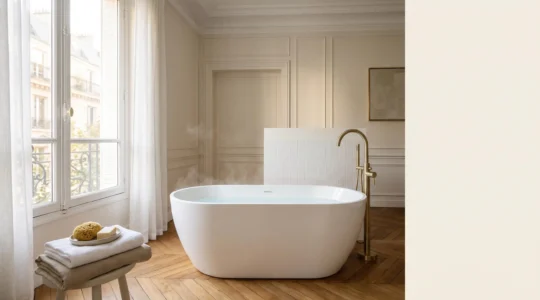 Baignoire ilot design placee en piece maitresse d'une salle de bain epuree de style haussmannien