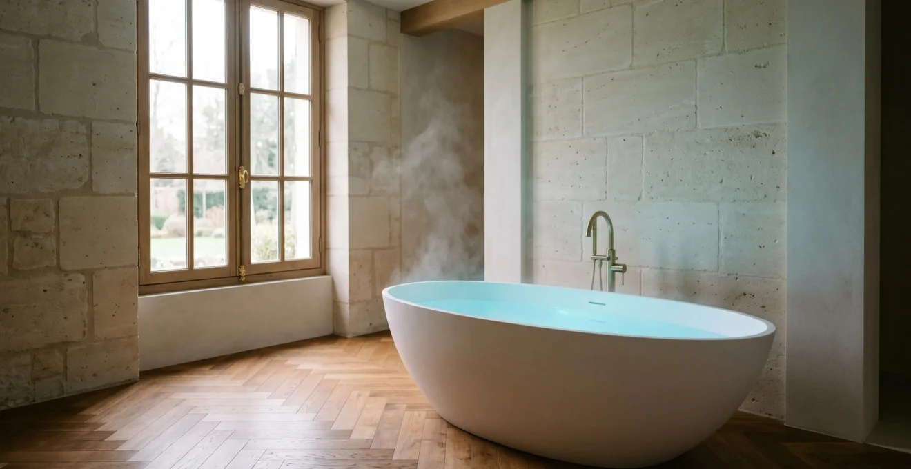 Baignoire îlot moderne baignée d'une douce lumière bleutée de chromothérapie dans une salle de bain épurée au style français