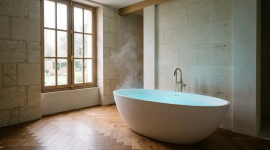 Baignoire îlot moderne baignée d'une douce lumière bleutée de chromothérapie dans une salle de bain épurée au style français