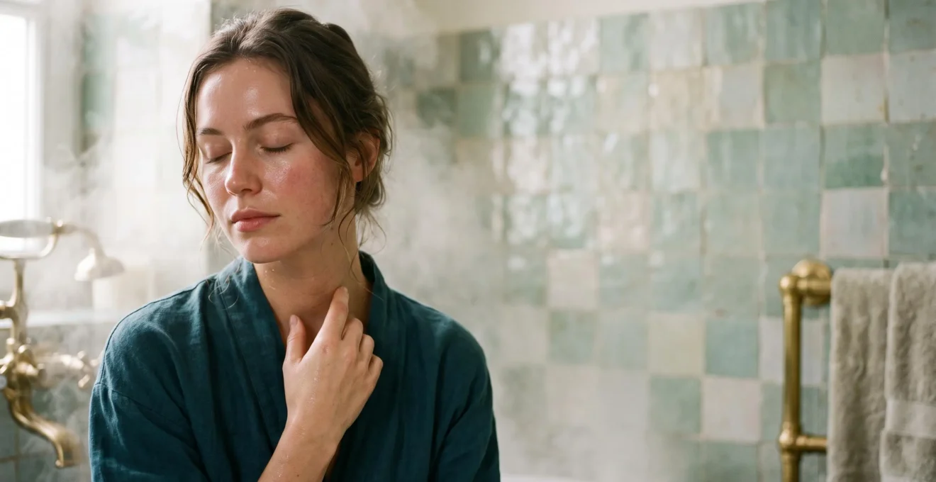 Silhouette se relevant dans un halo de vapeur, illustrant la question du bain de vapeur detox entre mythe et bienfait reel pour la peau