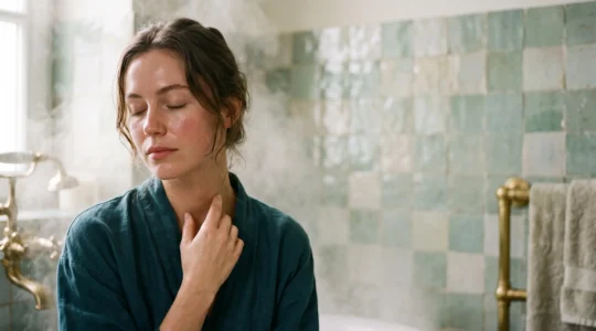 Silhouette se relevant dans un halo de vapeur, illustrant la question du bain de vapeur detox entre mythe et bienfait reel pour la peau