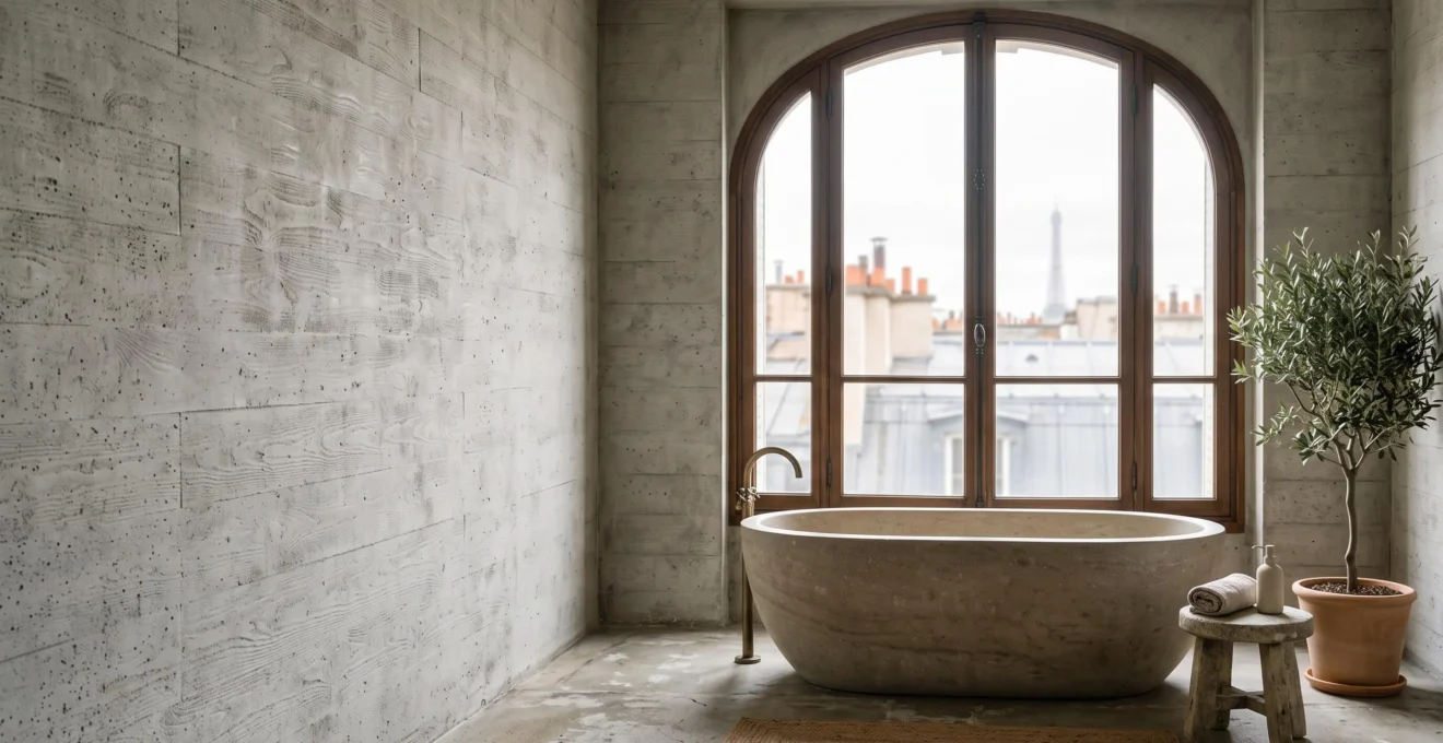 Salle de bain contemporaine aux murs en béton brut baignée d'une lumière naturelle douce, dans un appartement parisien
