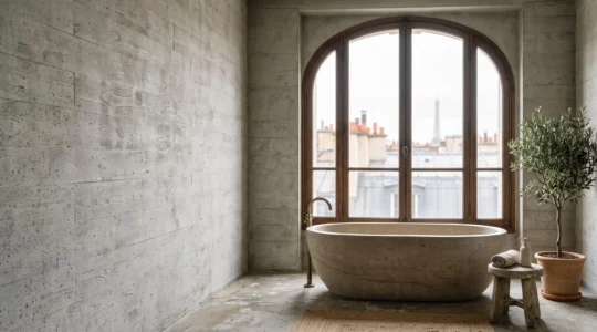 Salle de bain contemporaine aux murs en béton brut baignée d'une lumière naturelle douce, dans un appartement parisien