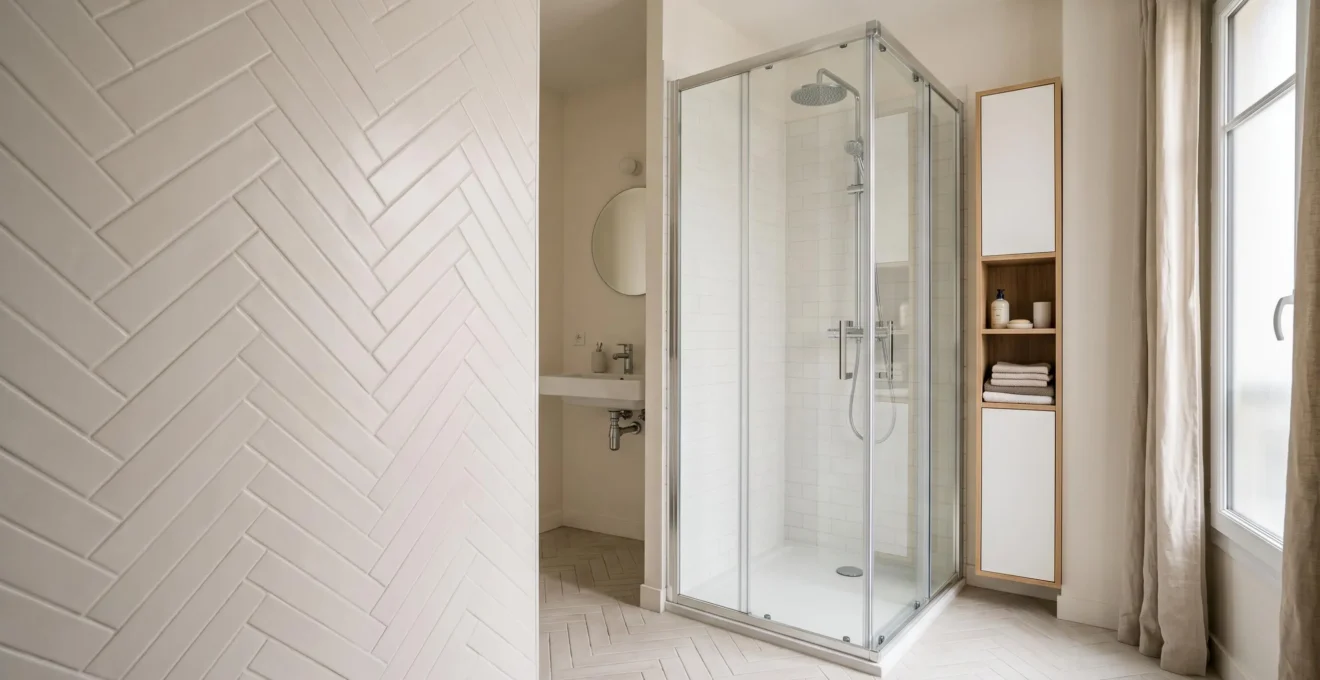 Cabine de douche compacte 80x80 cm installée dans une salle de bain française de petite surface, espace de circulation dégagé