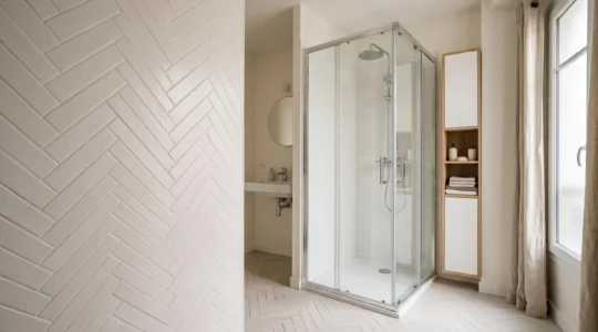 Cabine de douche compacte 80x80 cm installée dans une salle de bain française de petite surface, espace de circulation dégagé