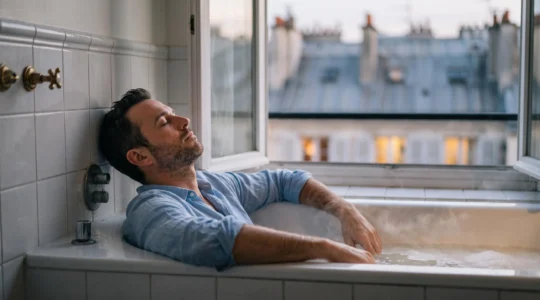Cadre en tenue de travail se relaxant dans un bain à domicile dans un appartement parisien au crépuscule