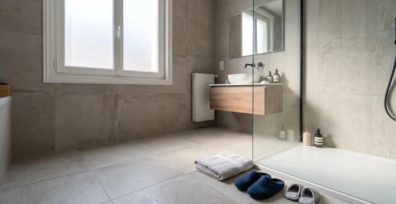 Salle de bain familiale moderne avec carrelage grand format, illustrant la question de sa durabilite dans le temps