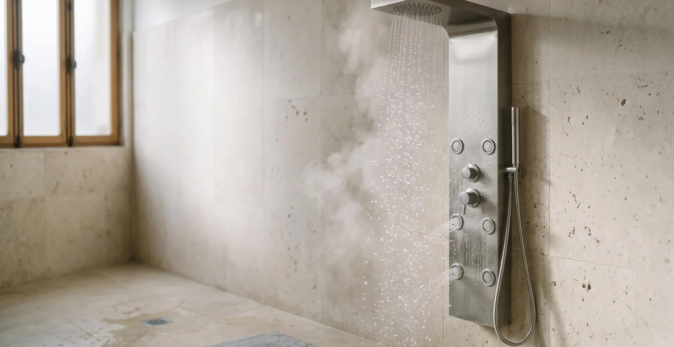 Colonne de douche hydromassante moderne installée dans une salle de bain française épurée, avec eau en mouvement sur fond minimaliste