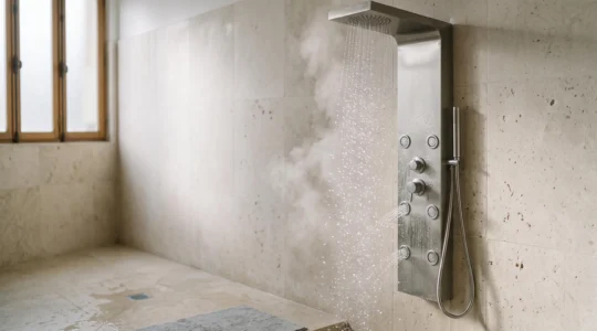 Colonne de douche hydromassante moderne installée dans une salle de bain française épurée, avec eau en mouvement sur fond minimaliste