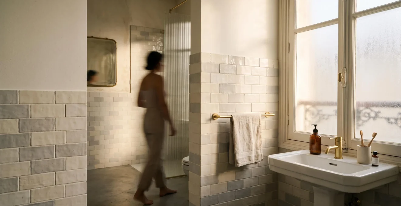 Salle de bain moderne et epuree en France au petit matin illustrant une routine optimisee grace a des accessoires bien positionnes