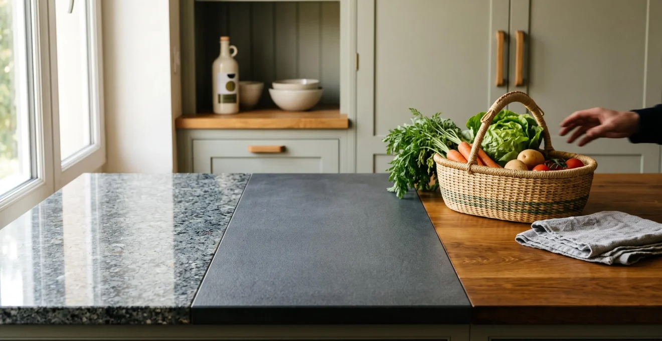 Cuisine française contemporaine avec un plan de travail en pierre et un îlot en bois massif, éclairée par la lumière naturelle