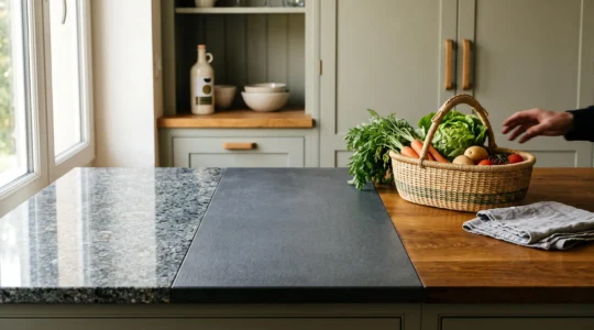 Cuisine française contemporaine avec un plan de travail en pierre et un îlot en bois massif, éclairée par la lumière naturelle