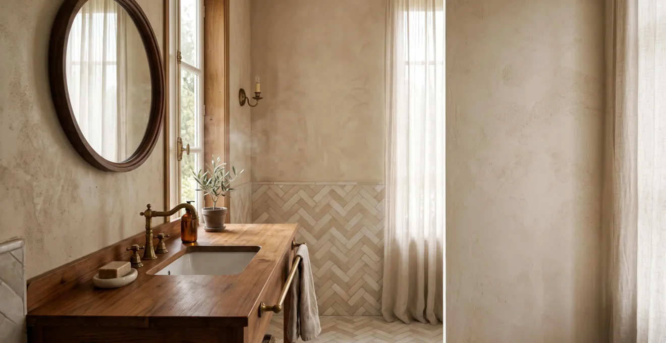 Salle de bain elegante avec plan vasque en bois massif dans un interieur francais lumineux