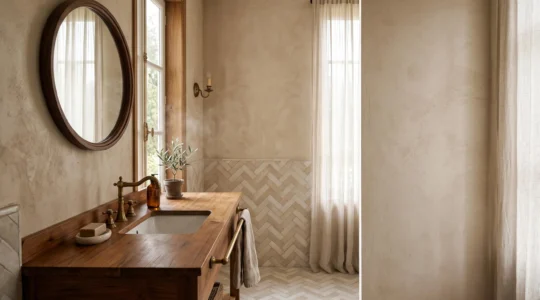 Salle de bain elegante avec plan vasque en bois massif dans un interieur francais lumineux