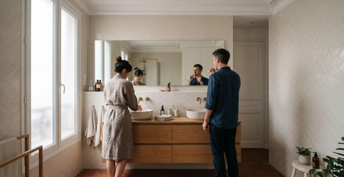 Couple partageant une double vasque dans une salle de bain lumineuse au style parisien pendant leur routine matinale