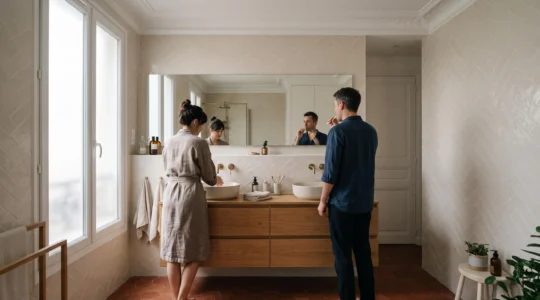 Couple partageant une double vasque dans une salle de bain lumineuse au style parisien pendant leur routine matinale