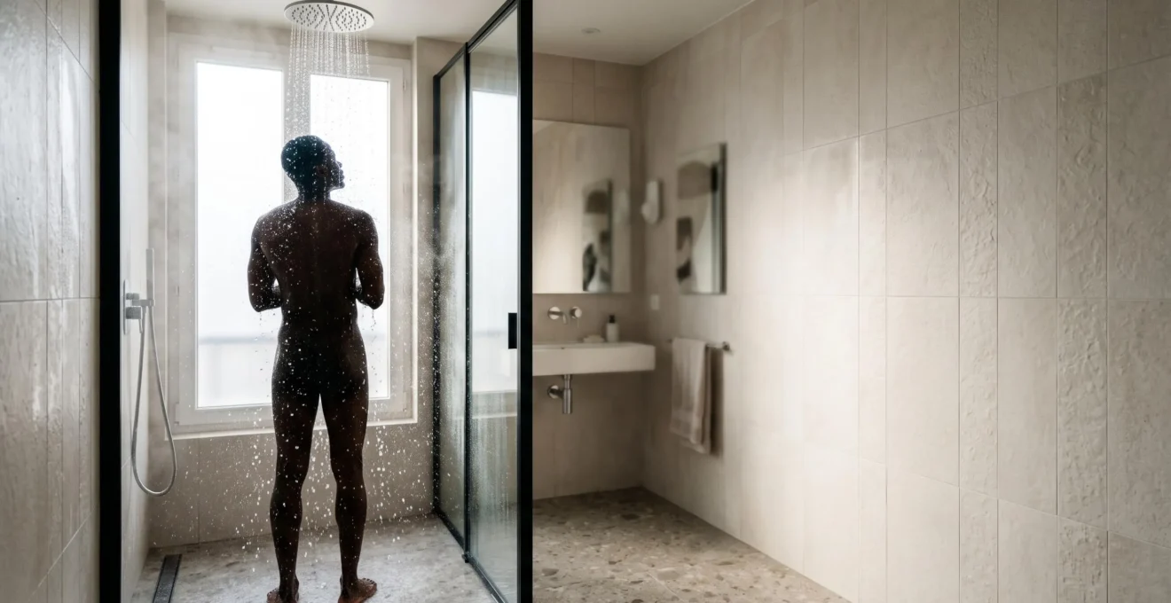 Personne sous une douche hydromassante au petit matin, jets d'eau dynamiques dans une salle de bain lumineuse à la française