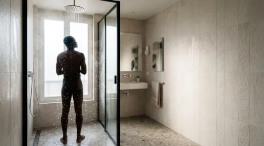 Personne sous une douche hydromassante au petit matin, jets d'eau dynamiques dans une salle de bain lumineuse à la française
