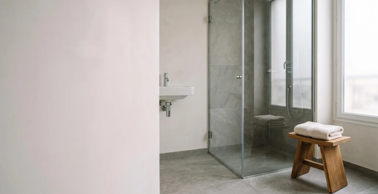 Salle de bain moderne avec douche à l'italienne accessible, symbole d'un compromis entre esthétique et accessibilité PMR