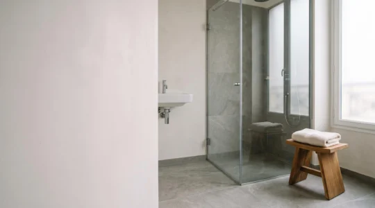 Salle de bain moderne avec douche à l'italienne accessible, symbole d'un compromis entre esthétique et accessibilité PMR