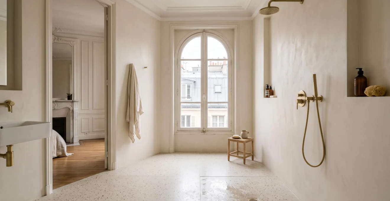 Douche de plain-pied dans une salle de bain parisienne au sol carrelé continu, créant une sensation d'espace agrandi