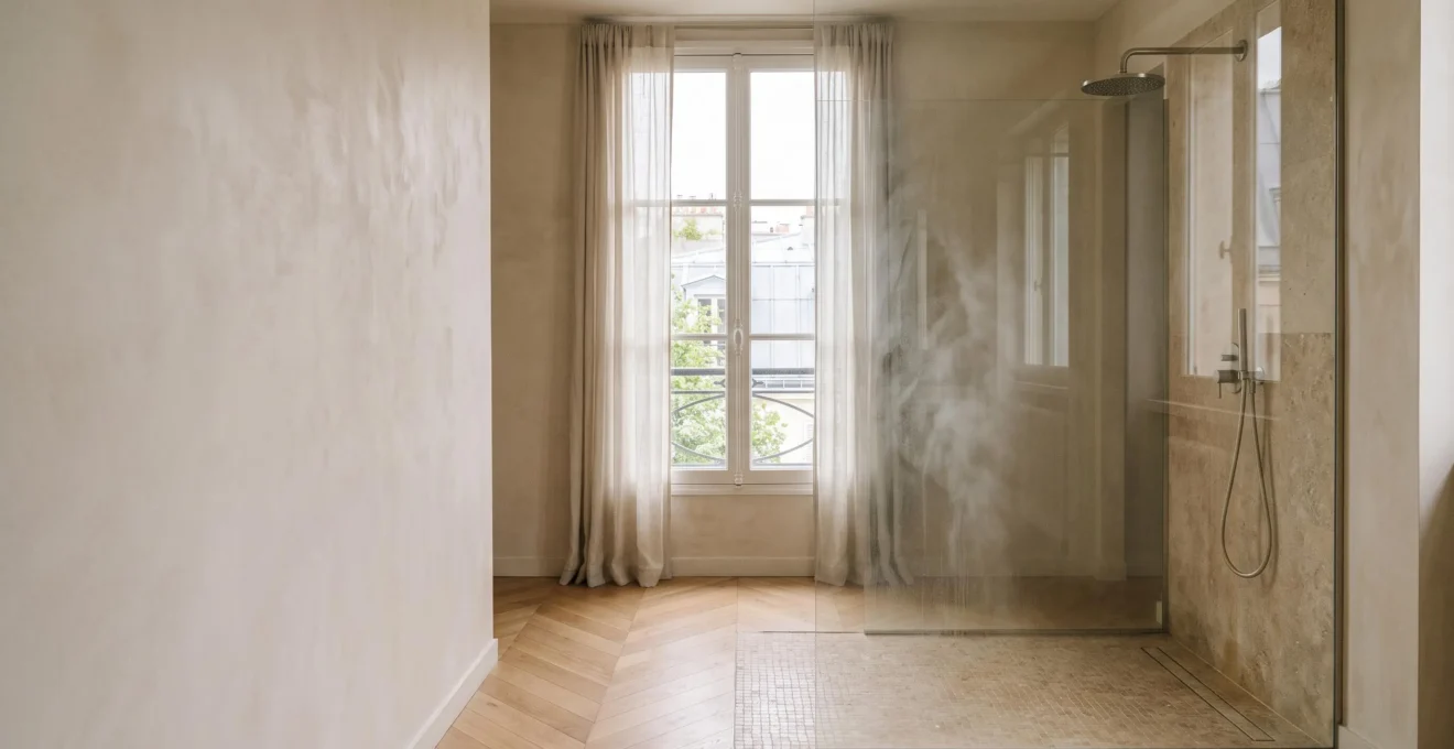 Vaste espace douche vitré baigné de lumière naturelle dans une salle de bain épurée à la française