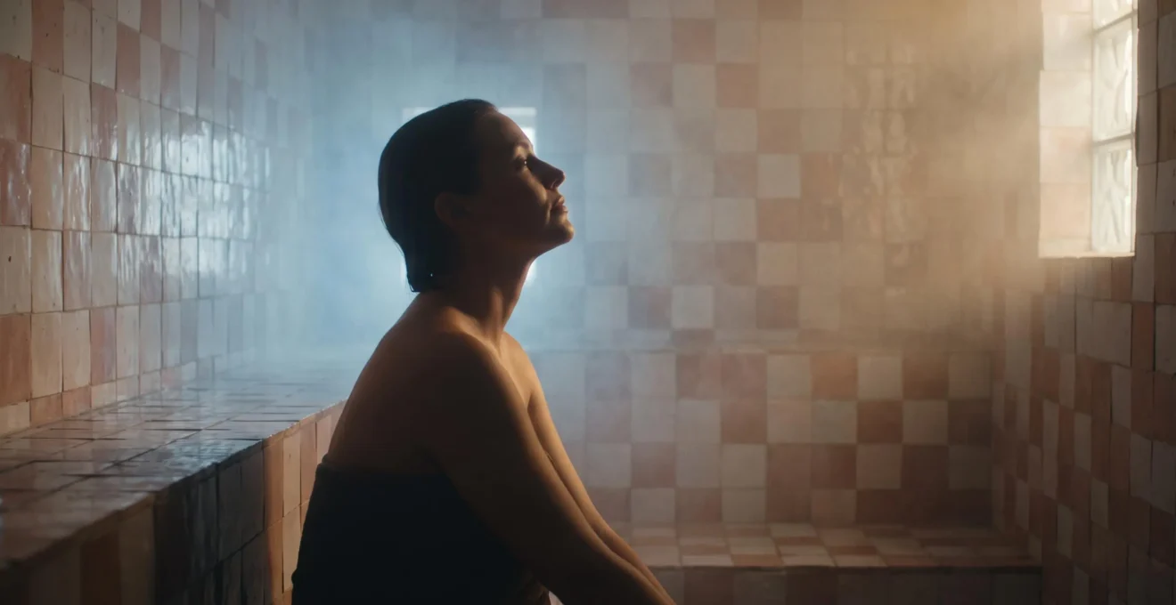 Personne détendue dans la vapeur d'un hammam domestique à la lumière douce, illustrant le dilemme entre bien-être et bénéfice thérapeutique réel