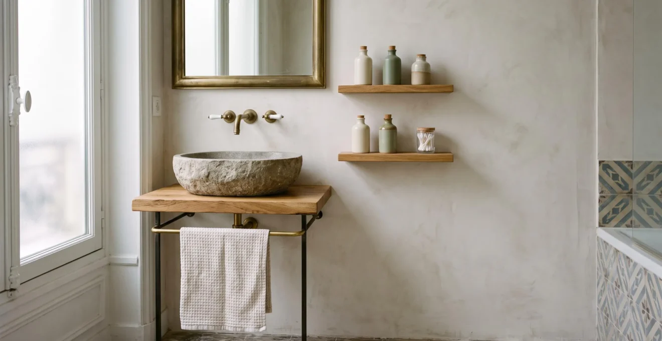 Salle de bain francaise elegante alliant pierre, laiton et bois, sans clicnes zen