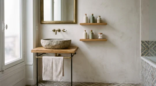 Salle de bain francaise elegante alliant pierre, laiton et bois, sans clicnes zen