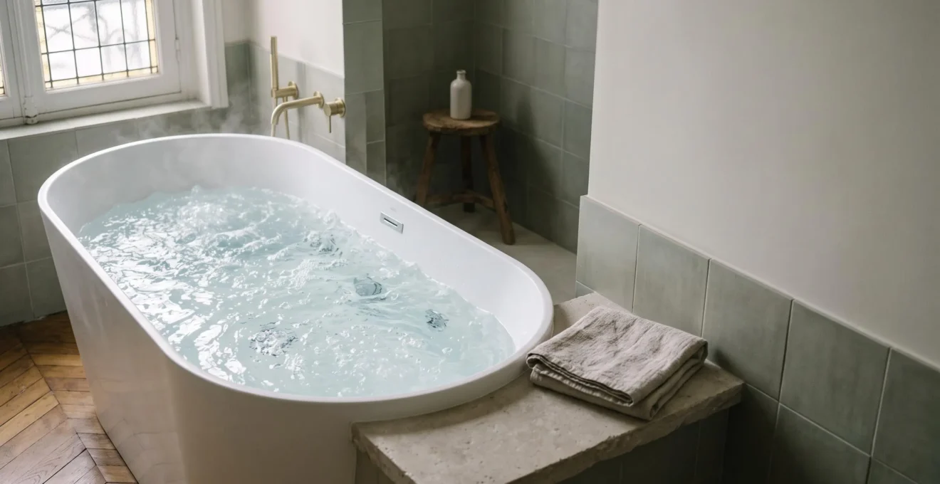 Baignoire balneo avec jets d'eau haute pression actifs dans une salle de bain francaise elegante, illustrant le massage cible par hydrotherapie