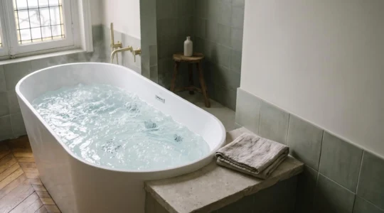 Baignoire balneo avec jets d'eau haute pression actifs dans une salle de bain francaise elegante, illustrant le massage cible par hydrotherapie