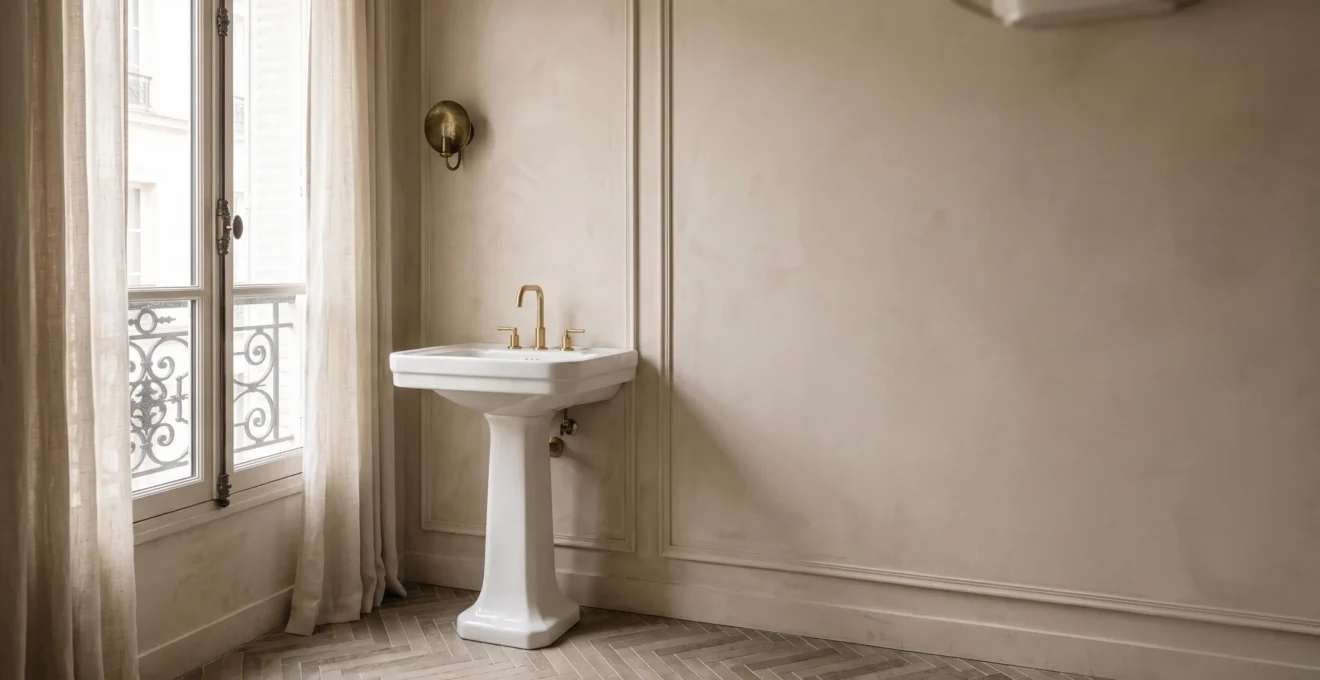 Lavabo sur colonne en céramique blanche dans une salle de bain épurée d'une maison des années 1930 rénovée, lumière naturelle douce
