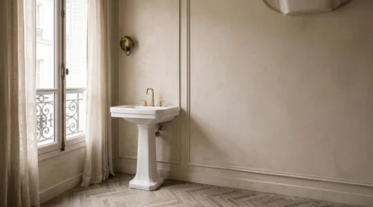 Lavabo sur colonne en céramique blanche dans une salle de bain épurée d'une maison des années 1930 rénovée, lumière naturelle douce