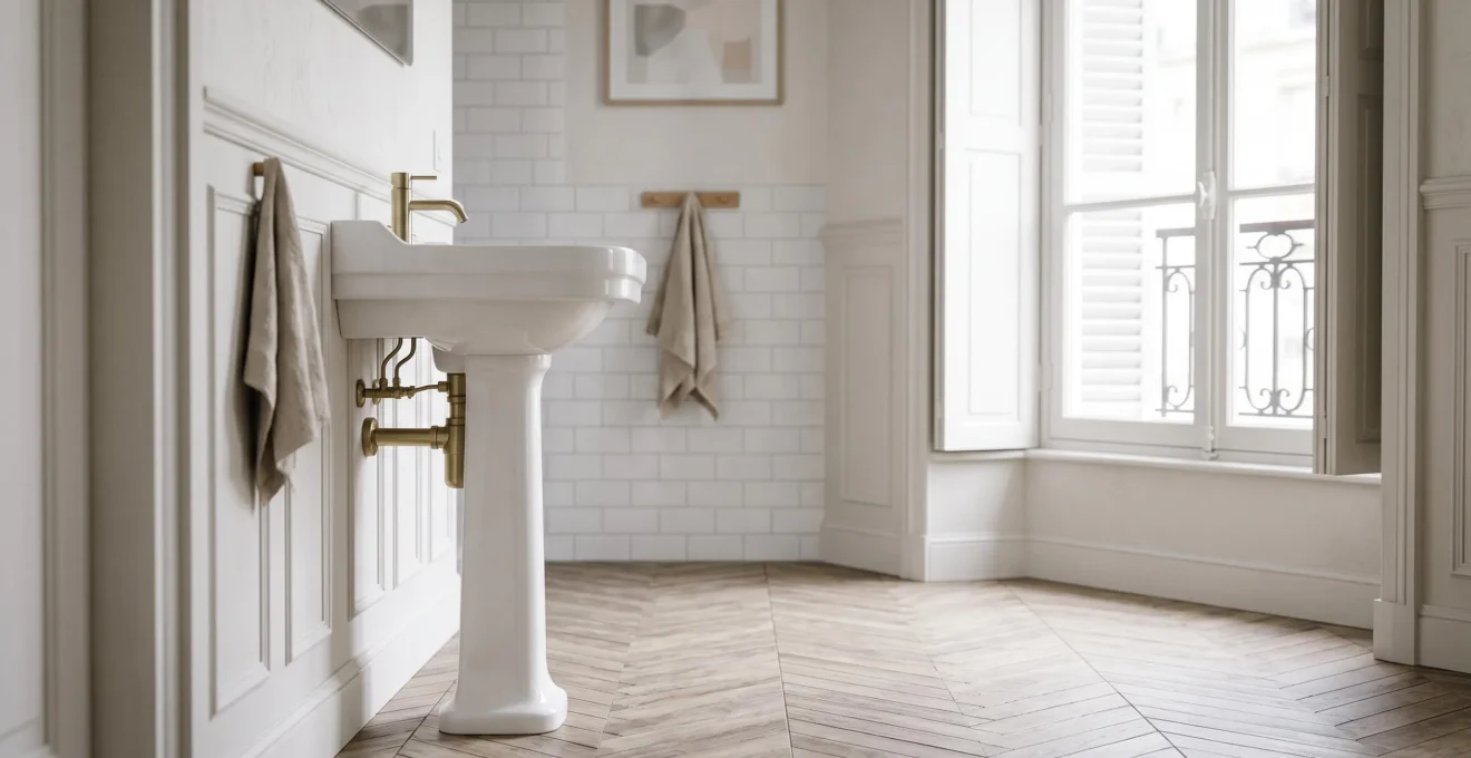 Lavabo sur pieds en céramique blanche dans une salle de bain française épurée, avec siphon apparent et espace dégagé au sol.