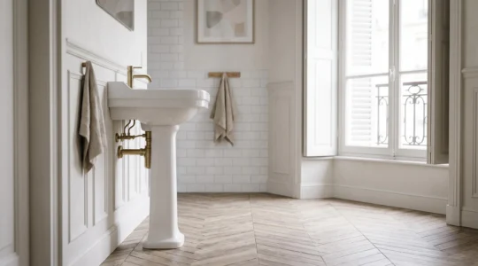 Lavabo sur pieds en céramique blanche dans une salle de bain française épurée, avec siphon apparent et espace dégagé au sol.