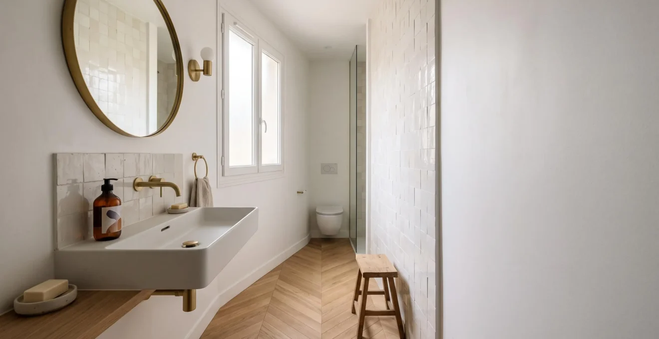 Salle de bain compacte et lumineuse avec un lavabo suspendu design créant une illusion d'espace