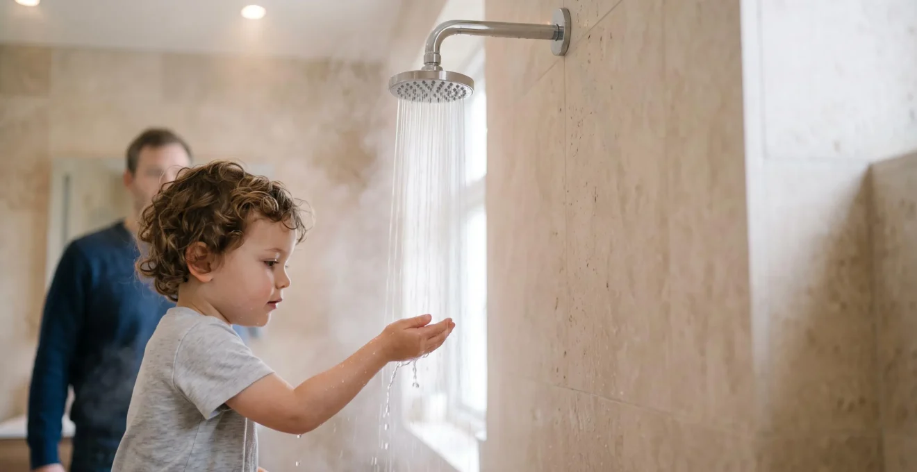 Enfant sous la douche protege par un mitigeur thermostatique moderne dans une salle de bain francaise