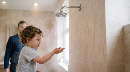 Enfant sous la douche protege par un mitigeur thermostatique moderne dans une salle de bain francaise