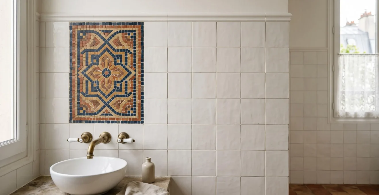 Gros plan artistique sur une mosaïque murale sur-mesure dans une salle de bain française au style épuré, mettant en valeur la texture des tesselles face à un carrelage neutre