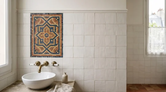 Gros plan artistique sur une mosaïque murale sur-mesure dans une salle de bain française au style épuré, mettant en valeur la texture des tesselles face à un carrelage neutre